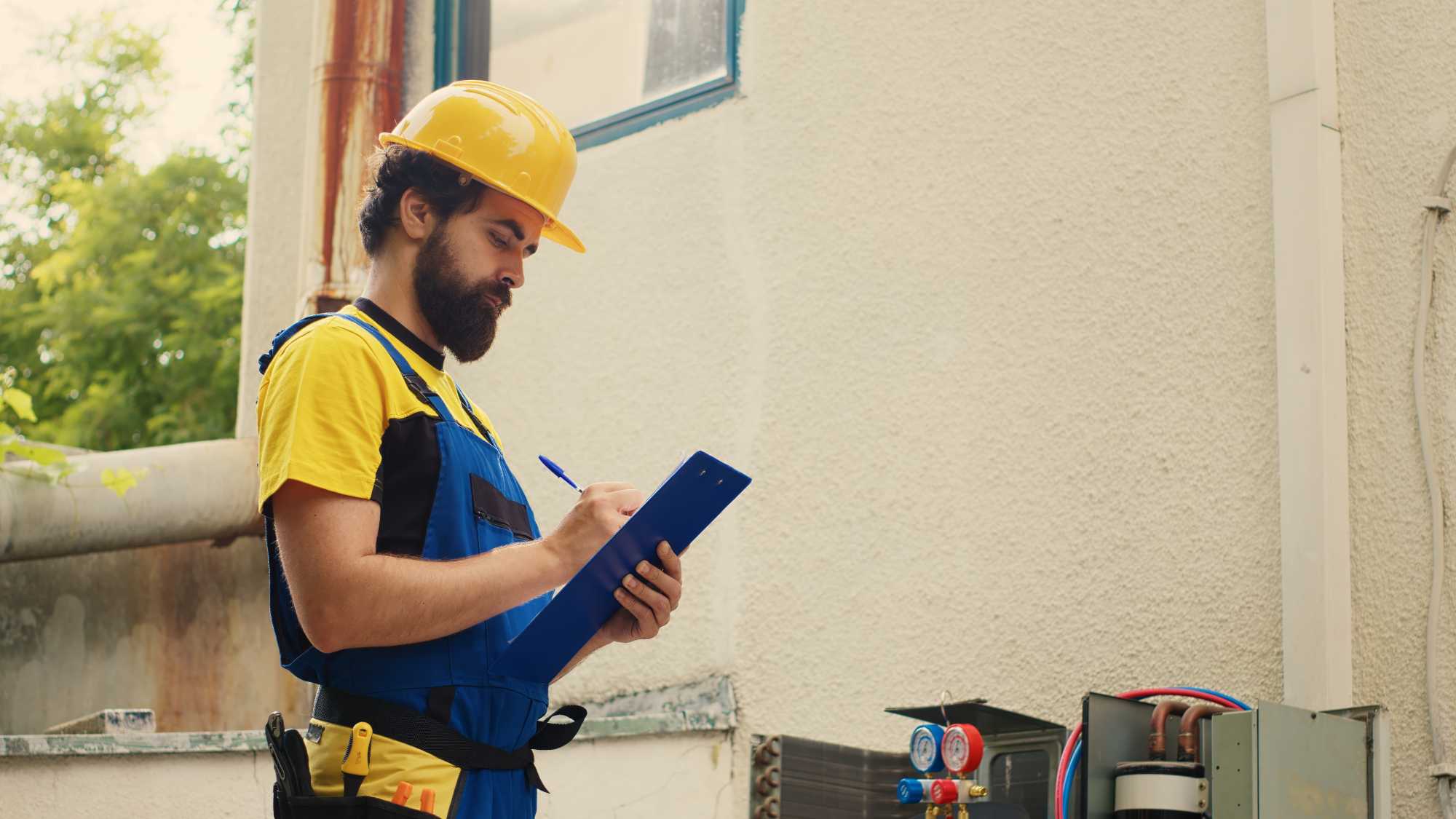 Tradesperson inspecting a commercial property with a clipboard
